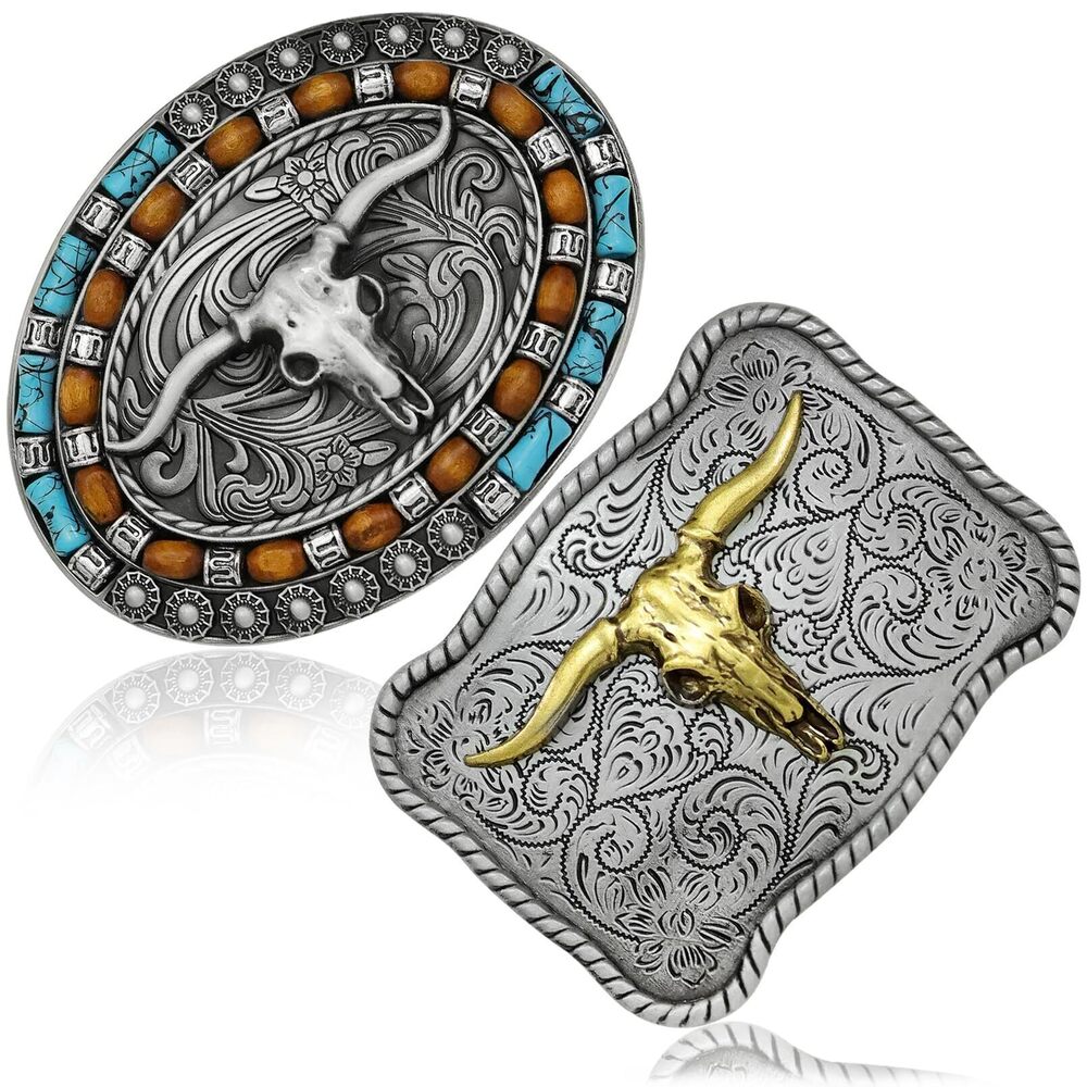 3508 2 Pieces Turquoise Long Horn Bull Belt Buckles Western Cowboy Belt